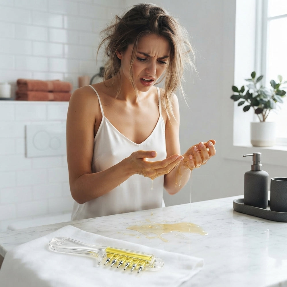 A woman looking frustrated while applying hair oil with her hands in a bright bathroom, showing product waste on her palms.