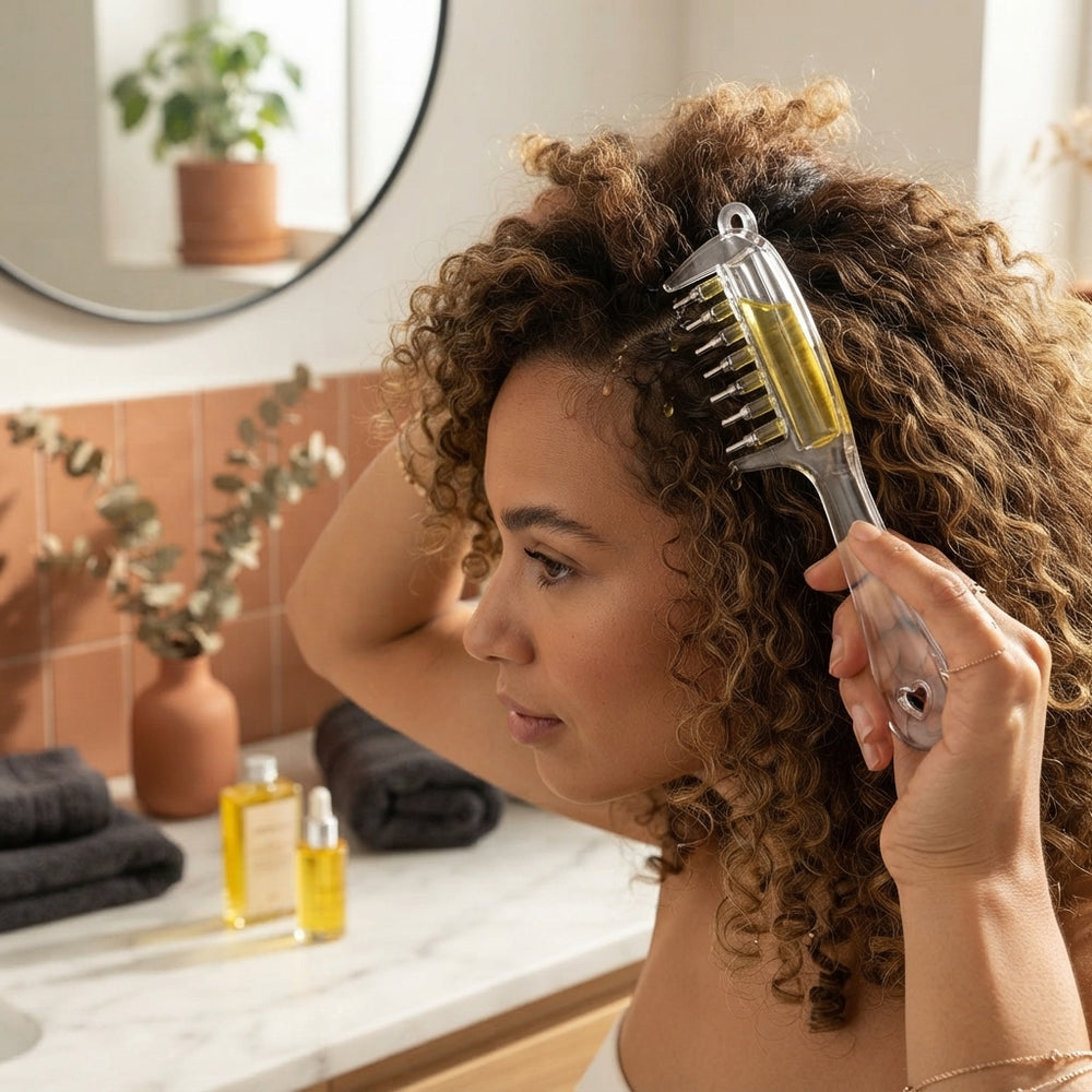 A woman using the THROGOS hair oil applicator comb on her scalp in a bright, modern bathroom.